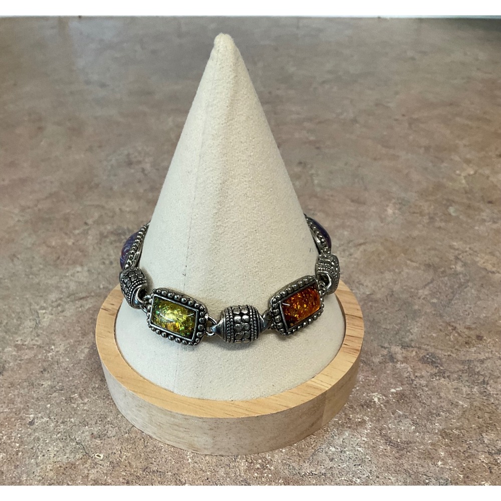 Vintage Style Multi Color Resin Stone Silver Tone Magnetic Link Bracelet 7.75"